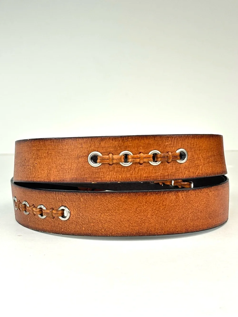 ROLFS Rustic Tan‎ Woven Leather Boho Western Belt Silver Grommets Ring Buckle LG